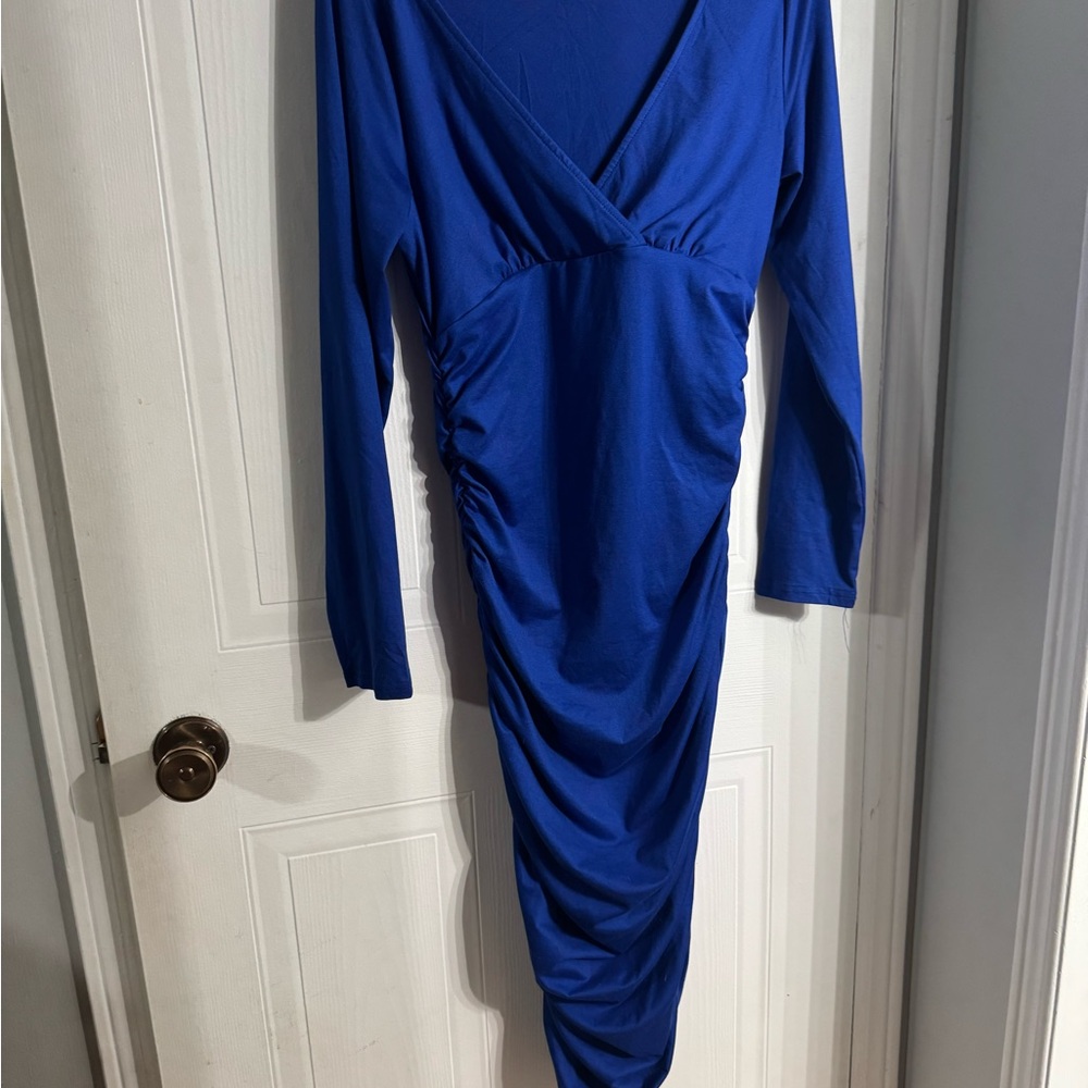 Blue Ruched Wrap Long Sleeve Dress